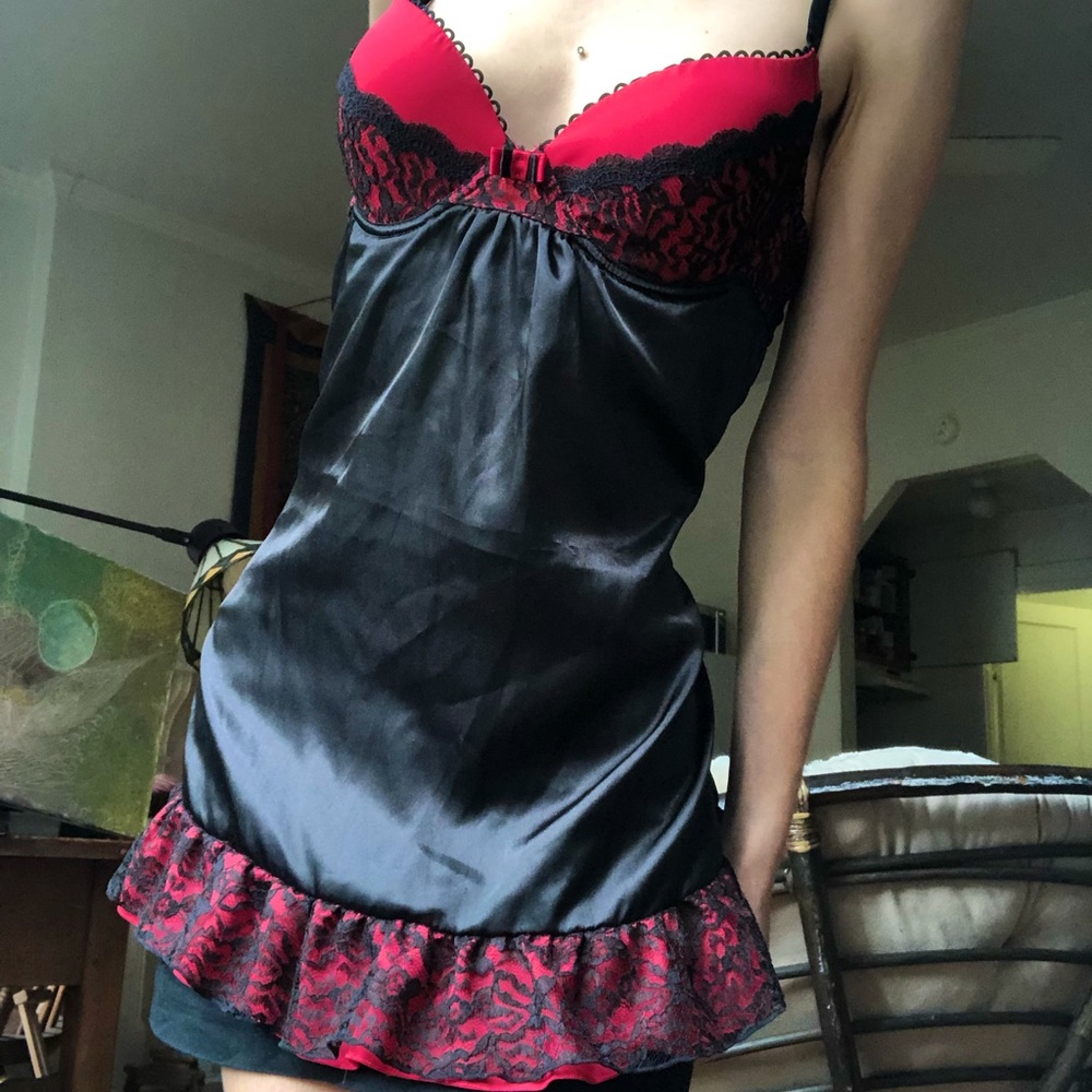 Vintage lace black and red sexy babydoll mini dress